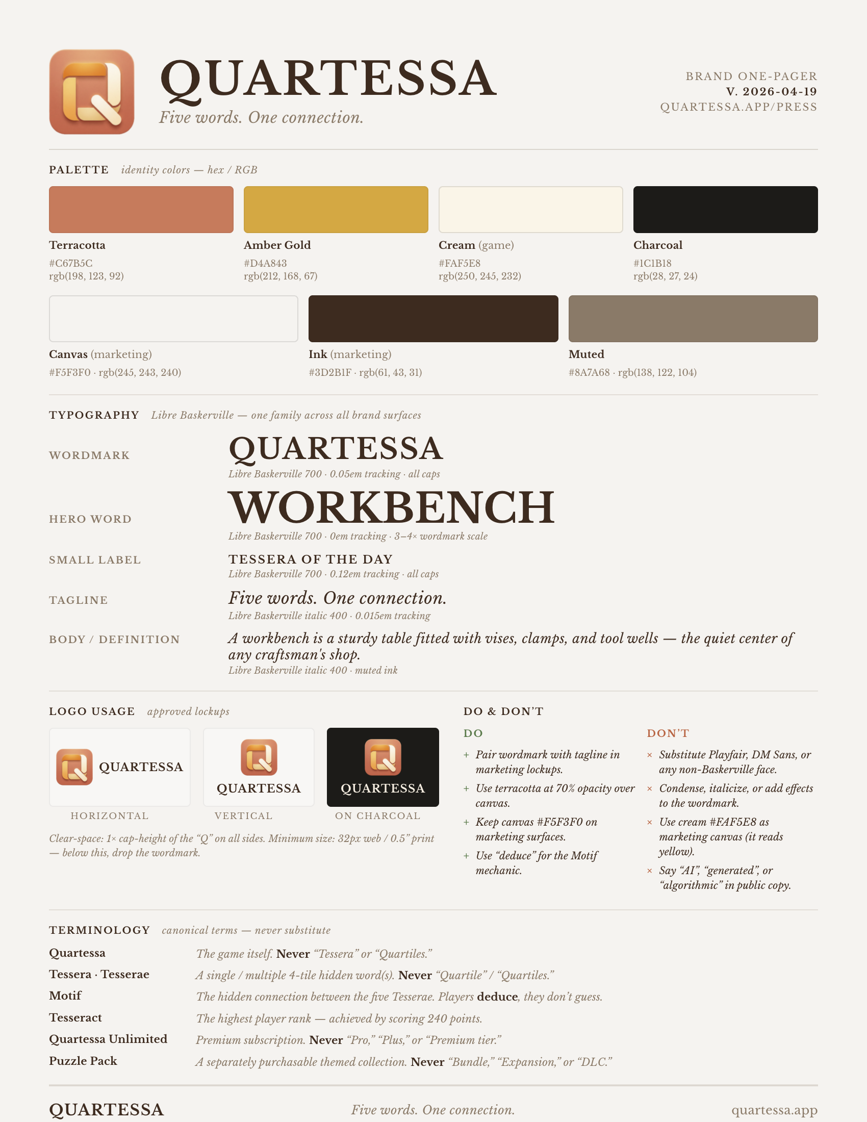 Brand one-pager — palette, typography, logo usage, terminology